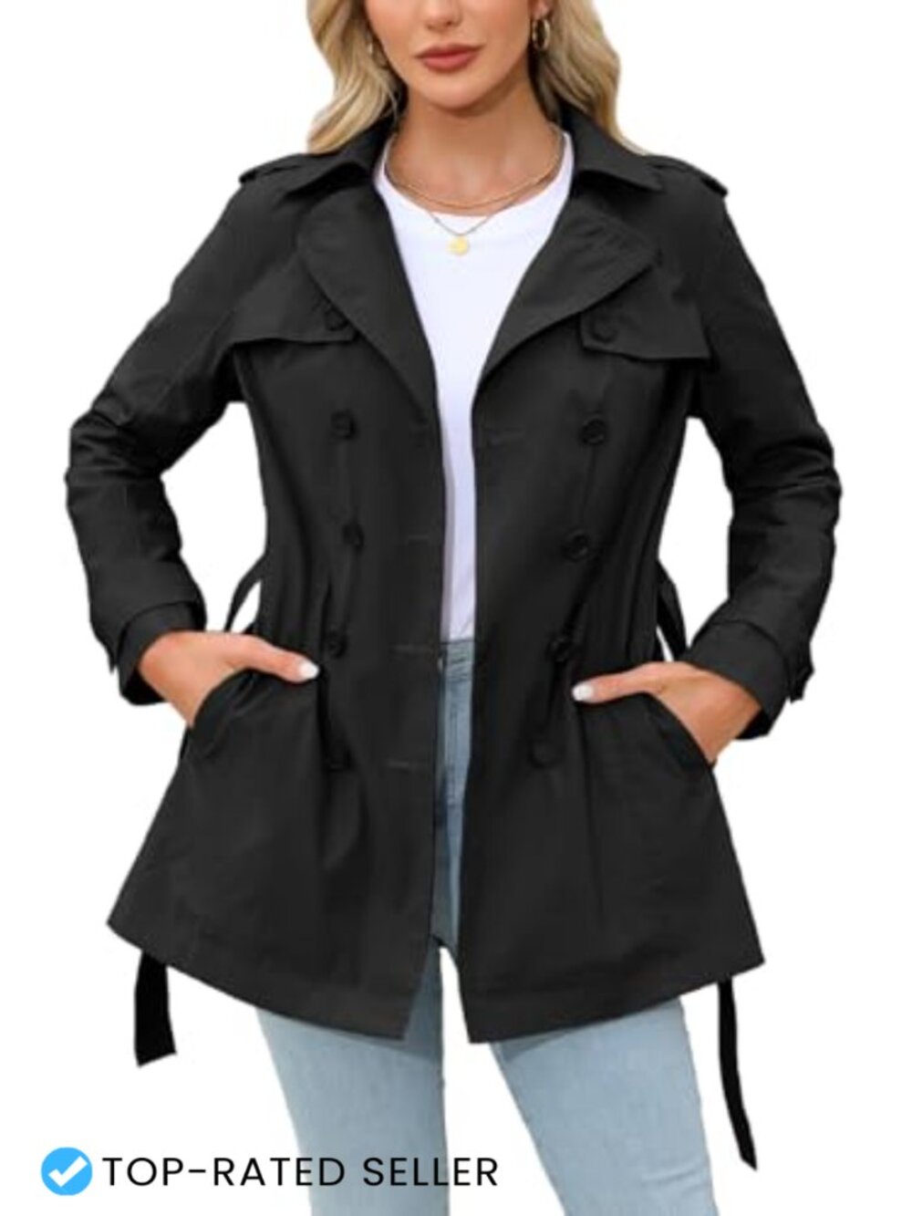 Women's Cropped Trench Coat Double Breasted Belted Lightweight Jacket